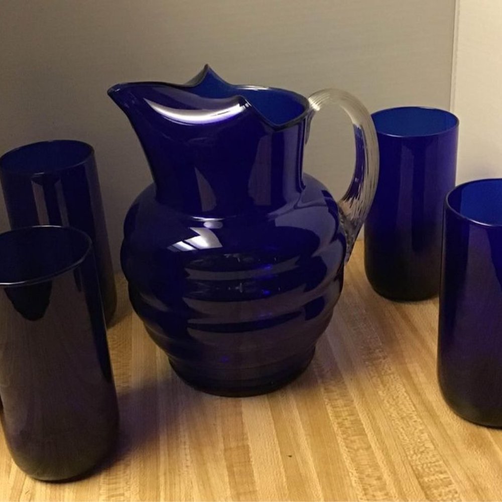 Antique Cobalt Blue Glass Pitcher With 4 Glasses